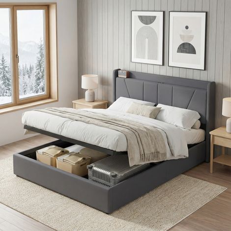 Letto contenitore 160x200 con rete, letto matrimoniale capitonné con porte usb/type-c, testiera con vano di rangement, letto per adulti, lino, stile scandinavo, Grigio