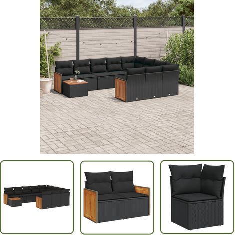 The Living Store Salon de jardin 11 pcs avec coussins noir résine tressée - Ensemble Salon De Jardin - Meuble Extérieur - Salon De Jardin Pliable - Fauteuil De Jardin - Table Basse (1/5)