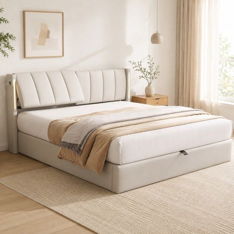 CHICFURN Letto matrimoniale 140x200 cm bianco in PU con LED, USB e contenitore (1/5)