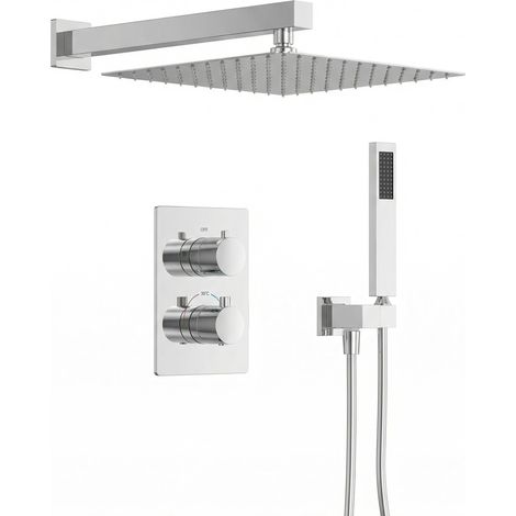 EVERSTEIN Thermostat Unterputz Duschsystem Quadratisch Chrom:  12-Zoll Regendusche Edelstahl Komplettset 38-Grad Verbruehschutz Wandmontage Duscharmatur G1/2 Brausegarnitur Modern Bad Einbau-Duschset