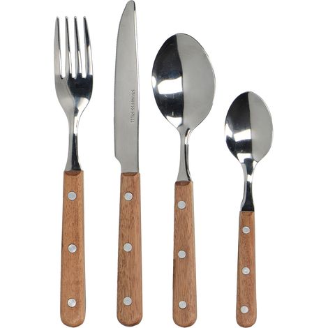 Mikasa Juego de Cubiertos de 16 Piezas, Cubiertos de Acero Inoxidable con Mangos de Madera, Juego de Cubiertos Pulidos, Tenedores de Cena, Cuchillos de Cena, Cucharas de Postre y Cucharillas de Té, Co