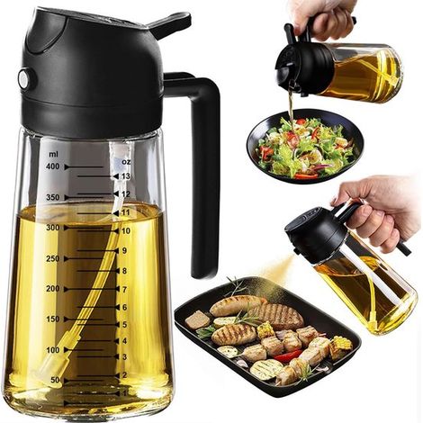 Küchenölspray 470ml – 2-in-1 Ölsprüher für Airfryer, Kochen, Salate und Essig, Küchenzubehör (1 Stück, Schwarz) (1/4)