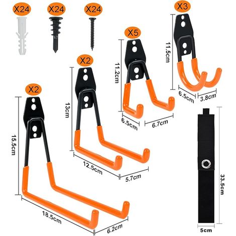 Crochet Mural Garage, Tailles, Crochet Mural pour Outils de Jardin, Atelier, Echelle, Organisation de Garage (Orange Crochets Muraux) (1/3)
