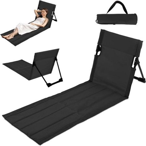 Faltbare Strandmatte mit Rückenlehne, leichter Strandstuhl mit verlängerter Sitzfläche, geeignet für Camping, Picknicks und Gartenarbeit, schwarz. (1/4)