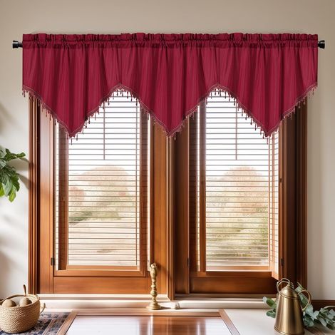 Rideau À Fronces - Garniture De Fenêtre Triangle Avec Perles - Pour Salon Salle De Bain Chambre Cuisine Sous-sol - 3 Panneaux 130 X 58 Cm - Poche Pour Tringle Jusqu'à 6 Cm (1/5)