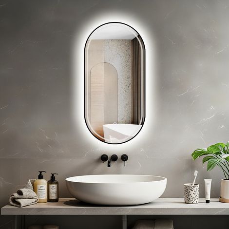 Miroir rectangle arrondi LED 50×100 cm – lumière réglable 2700–6000 K, anti-buée & cadre en alu noir