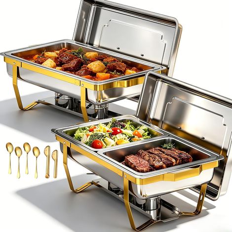 Lot de 2 Rectangulaire Chafing Dish en Acier INOX, 9QT Chauffe Plat Buffet avec 3 Poêles et Cadre Pliable, Réchaud Marmite Chauffante Buffet pour Fêtes, Mariages, Banquets, Dîners (1/5)