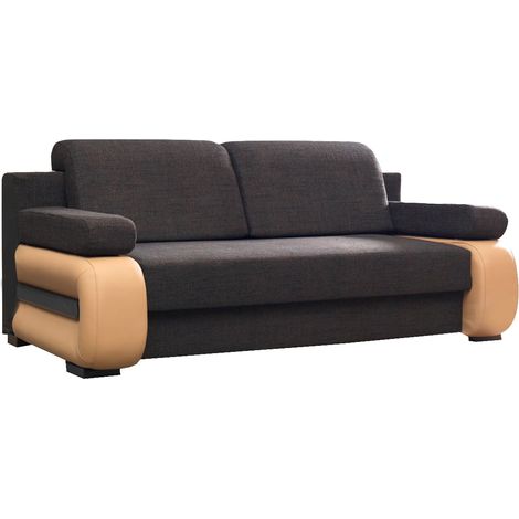 Canapé convertible 2 places tissu marron et simili cuir beige foncé Korina 202cm (1/5)