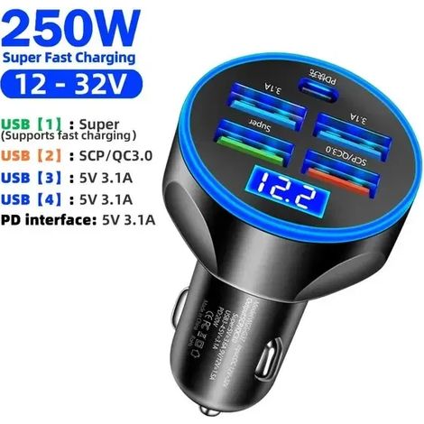Chargeur de voiture rapide 5 ports PD QC3.0 USB C 250 W avec LED, adaptateur USB-C pour iPhone, Samsung, Huawei et Xiaomi. (1/5)