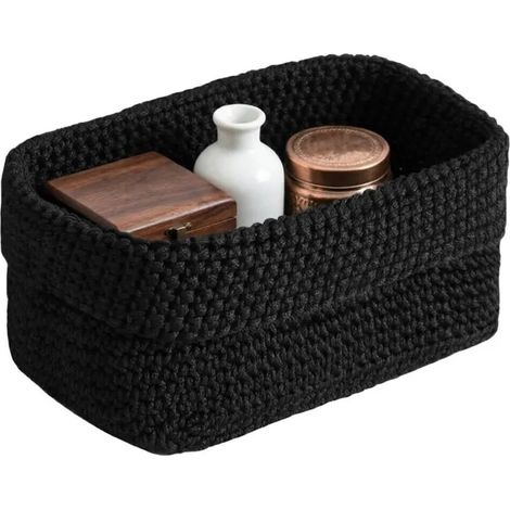 Noir Corbeille Rangement Rectangulaire, Panier Tricoté Soie Glacée, Pliable, Idéal pour Serviettes, Clés et Petits Objets. (1/5)