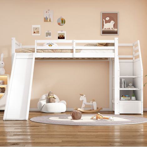 Lit simple 90x200 mezzanine avec toboggan blanc OKMYHOME (1/5)