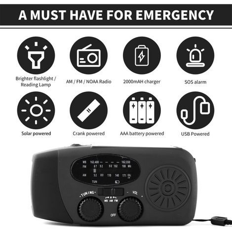 Radio d'urgence manivelle AM/FM/NOAA avec lampe LED, batterie 2000 mAh, chargeur USB et panneau solaire – pour camping et secours (1/5)