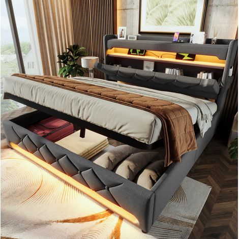 DESVIAE Lit double rembourré avec LED 360 degrés tête de lit avec rangement et ports USB Type C coffre hydraulique 180 x 200 cm gris tissu style lin (1/5)