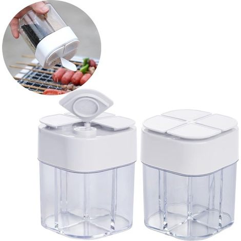 2 tarros para especias, Recipientes portátiles 4 en 1 para especias, Salero, Salero y pimentero, Tarros para especias, barbacoa y camping, Blanco (1/5)