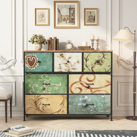 Commode à 7 tiroirs - tiroirs en tissu - Pieds réglables à 360° - Panneaux à motif bois - Structure en fer - bohème - L100 x H78 cm - Multicouleur (1/5)