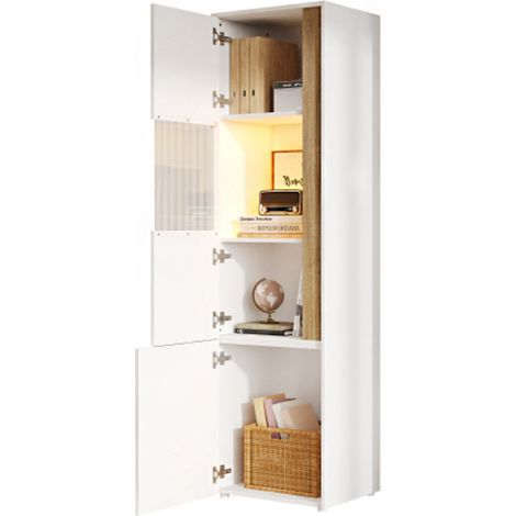 Vitrine, meuble de rangement, armoire haute avec éclairage LED, 2 portes (dont une en acrylique). Convient pour le salon, le bureau et la cuisine. Blanc et naturel. Dimensions : L 50 x P 40 x H 179 cm