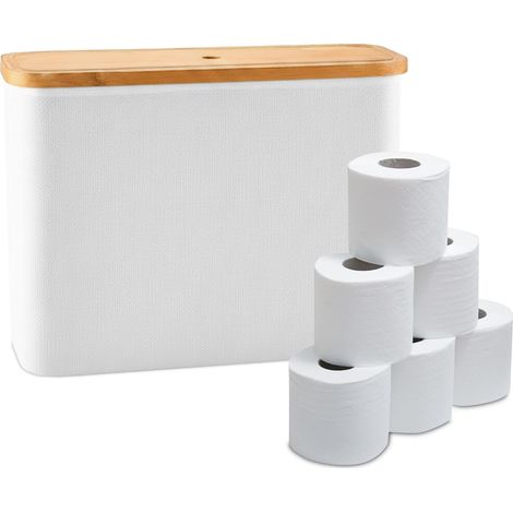 Relaxdays Contenedor de papel higiénico, 12 rollos, 34,5 x 45 x 15 cm, tela, bambú, soporte, blanco (1/5)