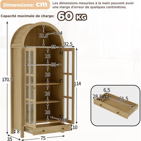 Vitrina alta 75x35x170,5 cm en MDF natural con estantes ajustables y cajón (1/5)