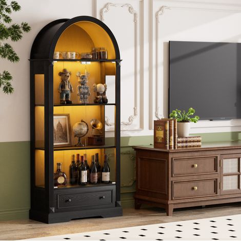 Vitrine 80x35x180 cm en MDF et verre trempé noir, avec rangement et LED, pour salon FloraGrace (1/5)