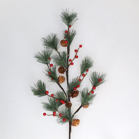 Ramo decorativo a LED di foglie di pino, pigne e bacche rosse 0,75M Luce calda