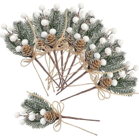 10 pics décoratifs artificiels de Noël, branches décoratives, pour guirlandes et emballages cadeaux, feuillage d'hiver-White (1/5)