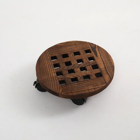 Plateau de pot de fleur rond en bois carbonisé de 35 cm de diamètre, support de fleur mobile avec base de pot de fleur à roulettes, 2 pièces (1/5)