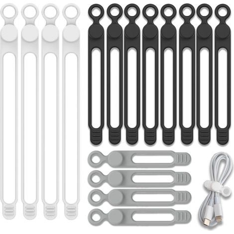 16 Pièces Attaches Câbles Silicone Réutilisables, Serre Câbles en Silicone, Sangles De Câble, Légères, Écologiques, pour Câbles de Charge, Écouteurs, Câbles Données(4x180mm + 8x106mm + 4x75mm) (1/5)