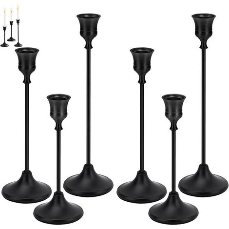 Lot de 6 chandeliers décoratifs - Supports pour bougies coniques - Porte-bougies - Utilisables dans une cheminée - Dimensions : 16/19/23 cm - Noir - Idéal pour les mariages, Noël et la décoration inté (1/5)