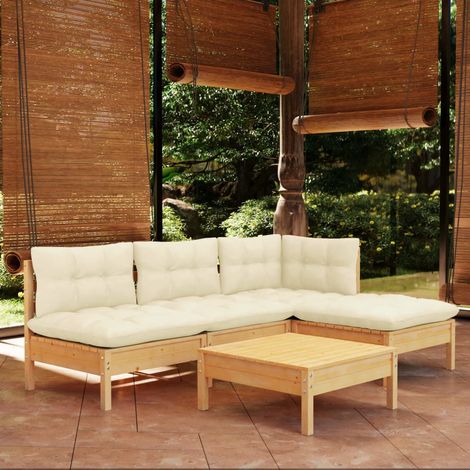 FIMEI Salon de jardin 5 pcs avec coussins crème Bois de pin (1/5)