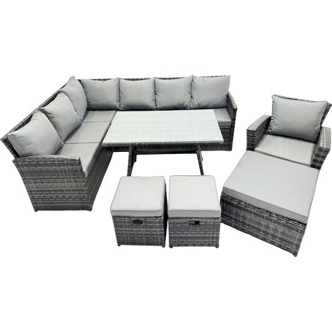 Fimous 10 Seat Poly Rattan Outdoor Patio Oblong Dining Table Corner Sofa Set with 3 Stool Chair for Garden Backyard Dark Grey Mixed (1/5)
