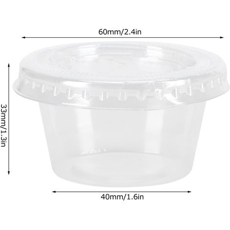 Packung mit 100 runden, transparenten Einweg-Soßenbehältern, Fassungsvermögen 59 ml (2 oz), mit Deckel. (1/5)