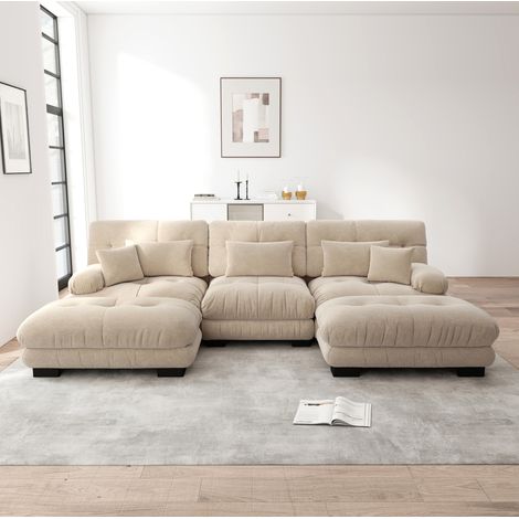 Sofá rinconera modular con otomana, chenilla marrón claro, diseño nube y asiento profundo,313x145x81 cm (1/5)