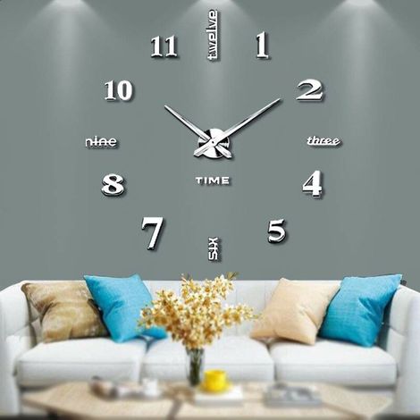 Modern Mute DIY Frameless Grande Horloge Murale 3D Mirror Sticker Metal Big Watches Décorations de Home Office-(argenté 120cm)