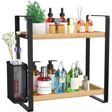2-stöckiger Organizer aus Holz für die Badezimmerablage mit Korb, wasserdichte Aufbewahrung für Parfums und Hautpflegeprodukte, für Badezimmer, Küche, Kommode (1/5)