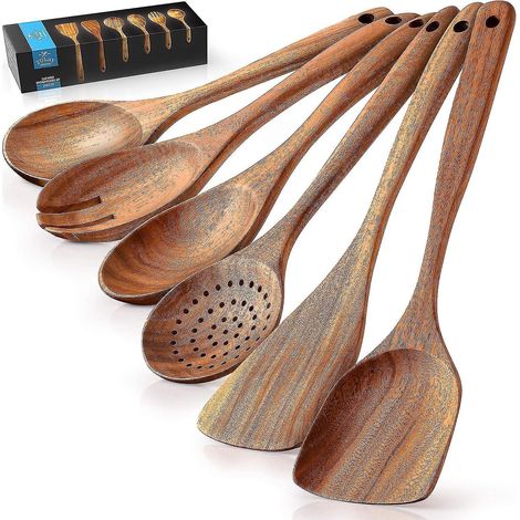 Hochwertige Küchenutensilien aus Holz – 6-teiliges Set – Löffel aus glattem, antihaftbeschichtetem und komfortablem Teakholz – (1/5)