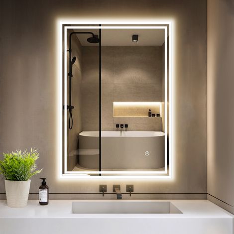 70cm Runder LED Spiegel mit Beleuchtung und Uhr - Schwarzgerahmt, Antibeschlag, Dimmbar, 3 Lichtfarben, Touch-Schalter, Speicherfunktion, Energiesparend (1/5)