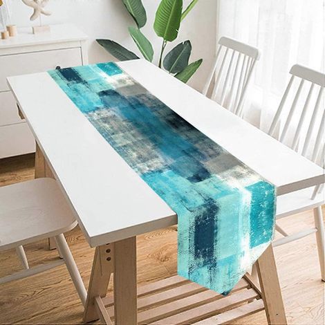 Chemin de table moderne style ferme en toile de jute, peinture abstraite turquoise et grise, chemins de table bleu canard pour cuisine de ferme, dîner (1/5)