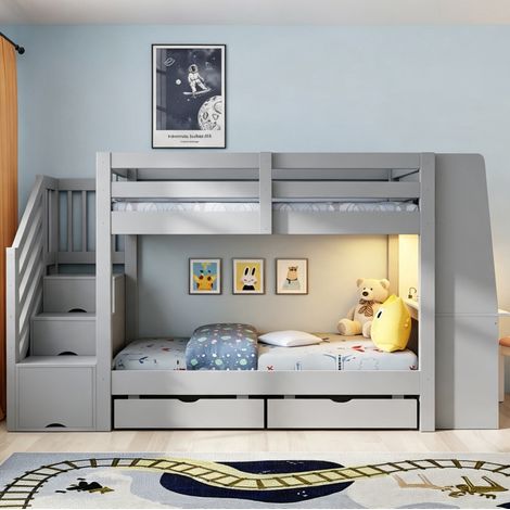 Lit superposé enfant 90 x 200 cm en bois avec escalier de rangement, bureau, étagère, éclairage LED réglable, prise intégrée et 2 tiroirs, gris – CHICFURN (1/5)