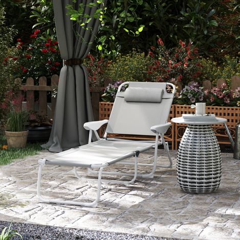 Chaise longue pliante appui tête réglable structure métal gris/blanc 160x66x98 cm (1/4)