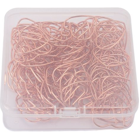 Lot de 100 trombones décoratifs en fer en forme de cœur, avec boîte transparente, pour le bureau, l'école et la maison, couleur or rose. (1/5)