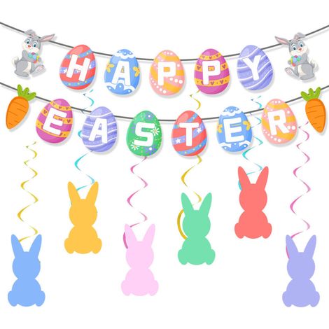 Ostern Girlande – Banner „Frohe Ostern“ mit Hase & Eier für Fenster & Zimmer (1/3)