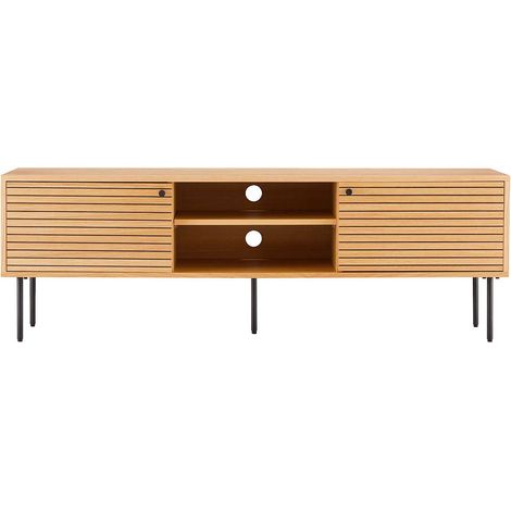 LOWAN - Meuble TV 2 Niches 2 Portes Effet Tasseaux Teinté Chêne Clair (1/3)