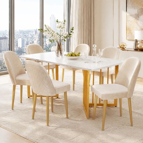 6 sillas de comedor de terciopelo beige, patas de metal dorado HAVRYA (1/5)