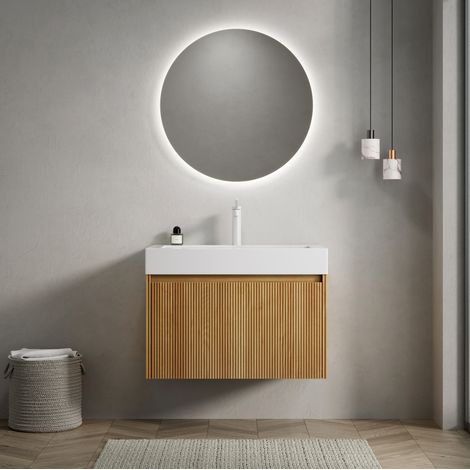 Mueble de baño suspendido con lavabo integrado y armario con un cajón premontado color madera natural (1/5)
