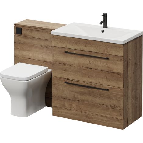 Napoli 460 Cento Tobacco Oak 1400mm 2 Drawer Vanity Unit Toilet Suite with Glide Basin - 1400mm - Matt Black 480mm HandleWith Kingston Toilet Pan and Seat