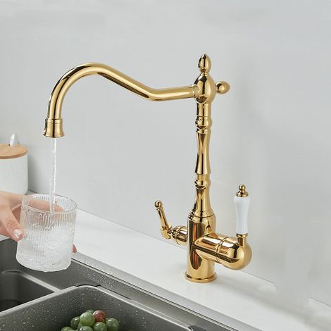 Robinet d'eau pure de luxe trois en un en laiton français léger évier domestique lavabo robinet d'eau chaude et froide résistant aux éclaboussures (1/5)