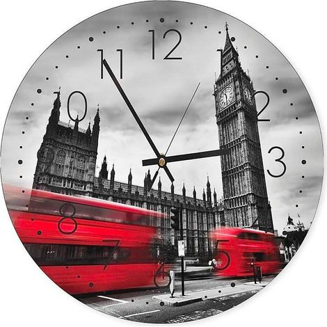 Horloge Murale Urbaine Big Ben & Bus Rouge Londres - 60 x 60 cm (1/5)