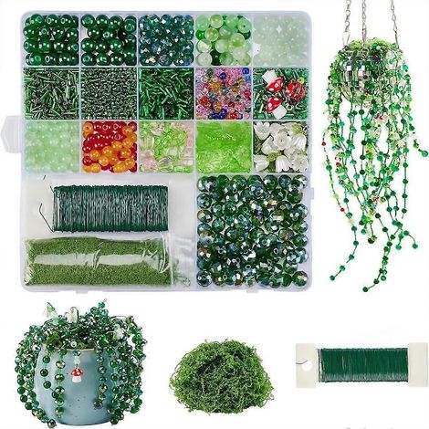 Kit de création perles pour plantes éternelles : panier rotin, perles verre vert, perles cristal faites main, attrape-soleil dégradé style A (1/5)