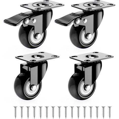 4 Roulettes Pivotantes Pour Meubles dont 2 avec Frein + Vis - 50mm Jusqu'à 200KG - Roulette Sans Traces au Sol pour Charge Lourde - Roue en Caoutchouc pour Chariot - Noires (1/5)
