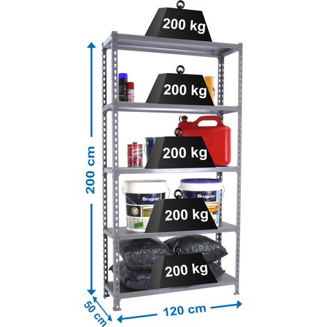 SimonRack Scaffale Portaoggetti, 2000x1200x500 mm, 5 Ripiani, Portata 200 kg per Ripiano, Metallo, Scaffale da Garage, Grigio – Simonclick